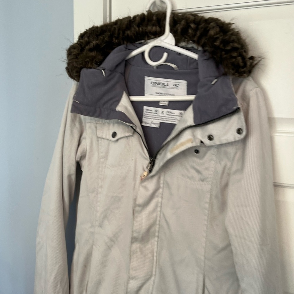 O'Neill Women's Light Gray Ski Jacket with Faux Fur Hood